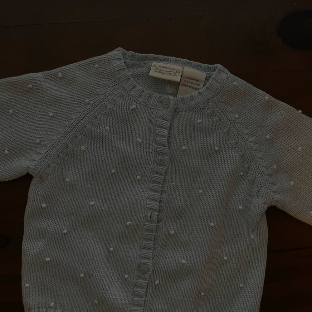 Light Blue Baby Cardigan with Pom Knit Detail 100% cotton